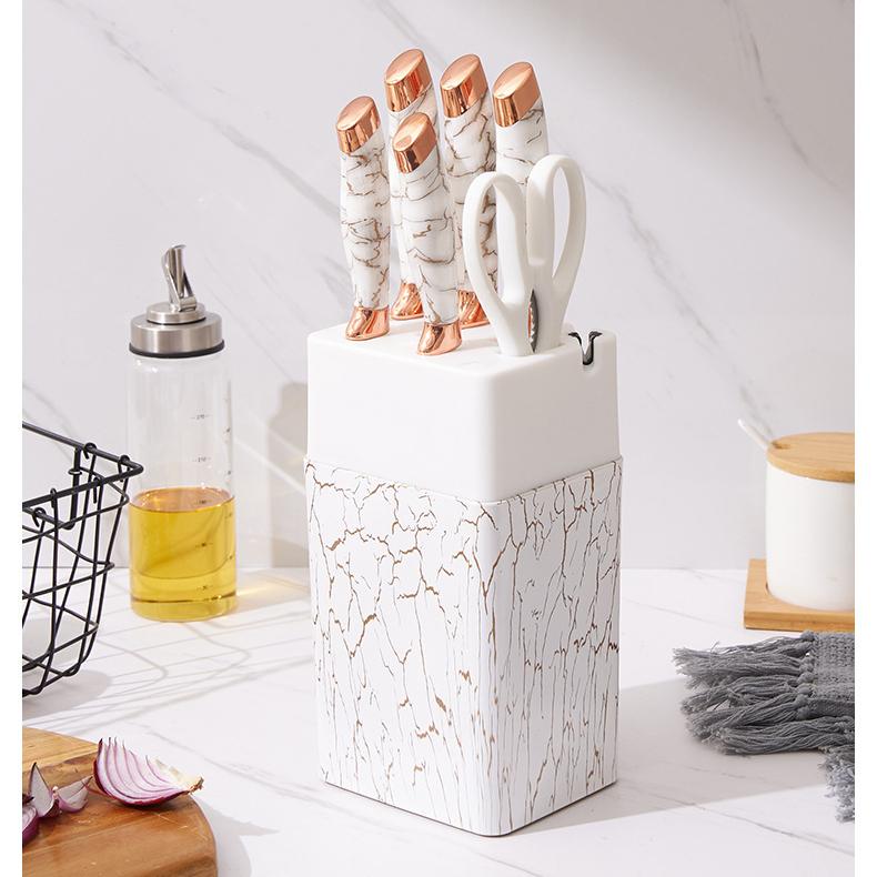 7pcs Kitchen Knife Sets Stainless Steel Chef Knife Bread Knife Marble Textured Handle Sets Tool Holder with Grinding Stone