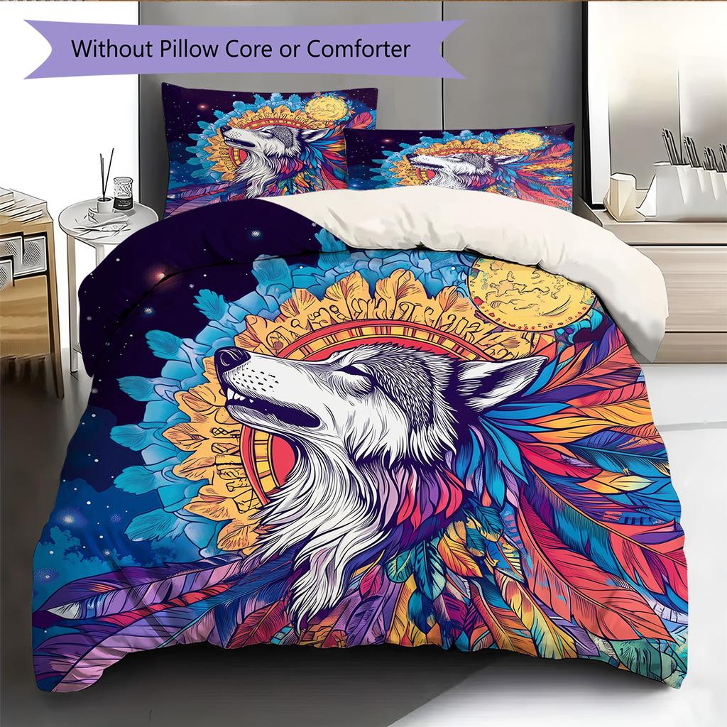 Colorful wolf Pattern Bedding Quilt Set Quilt Cover Pillowcase Home Decoration Gift (1 * duvet cover + 2 * pillowcase, without core)