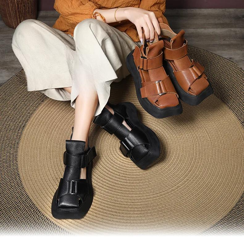 Johnature Square Toe Platform Sandals Vintage Genuine Leather Thick Soled Women's Summer Boots