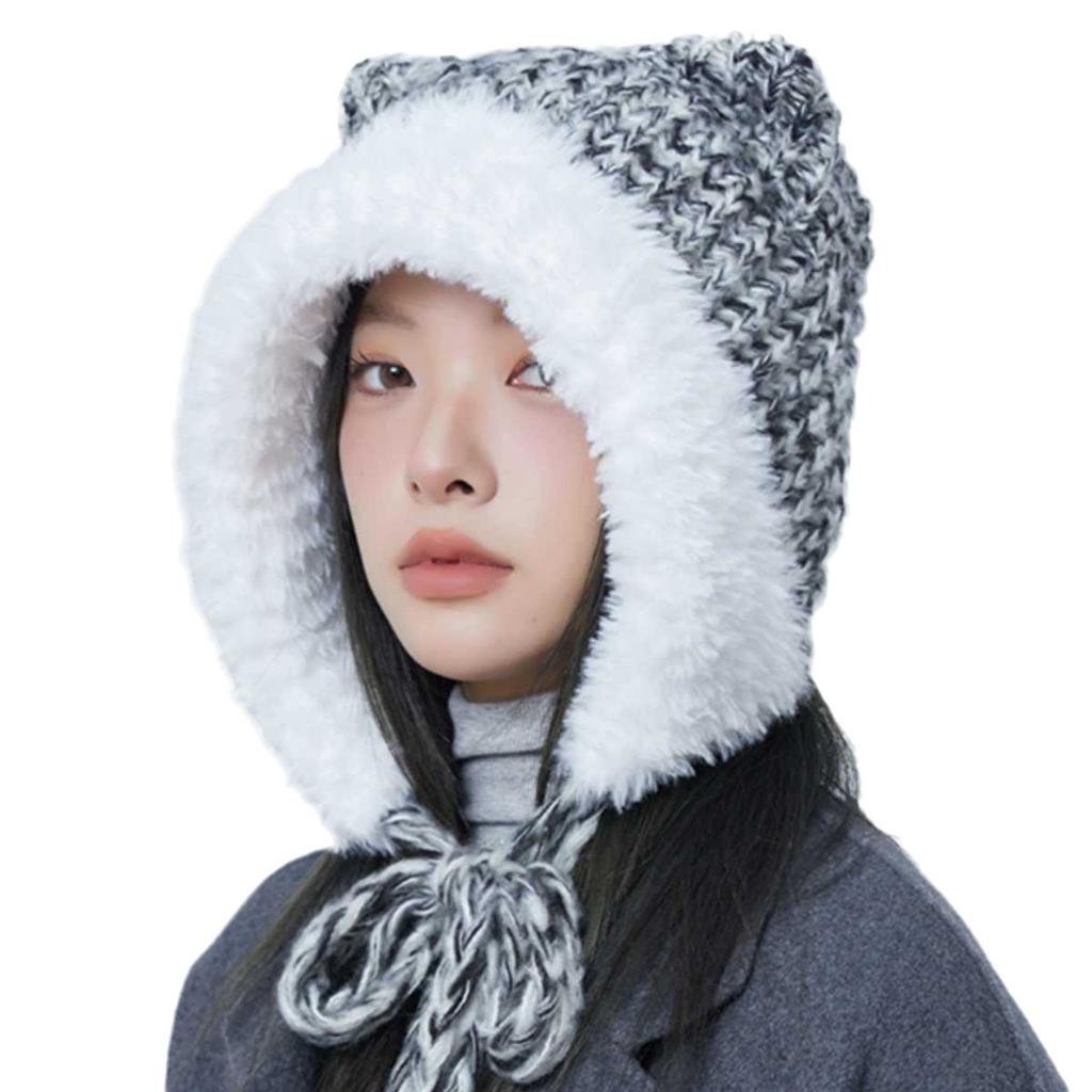 Cute Plush Knitted Hat with Cat Ears Big Head Circumference Face Showing Small Colorful Thick Woolen Contrasting Color Ear Protection Hat