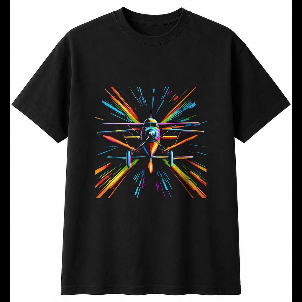 Neon Biplane Windswept Retro Mens T-Shirt Black 100% Cotton Classic Printed