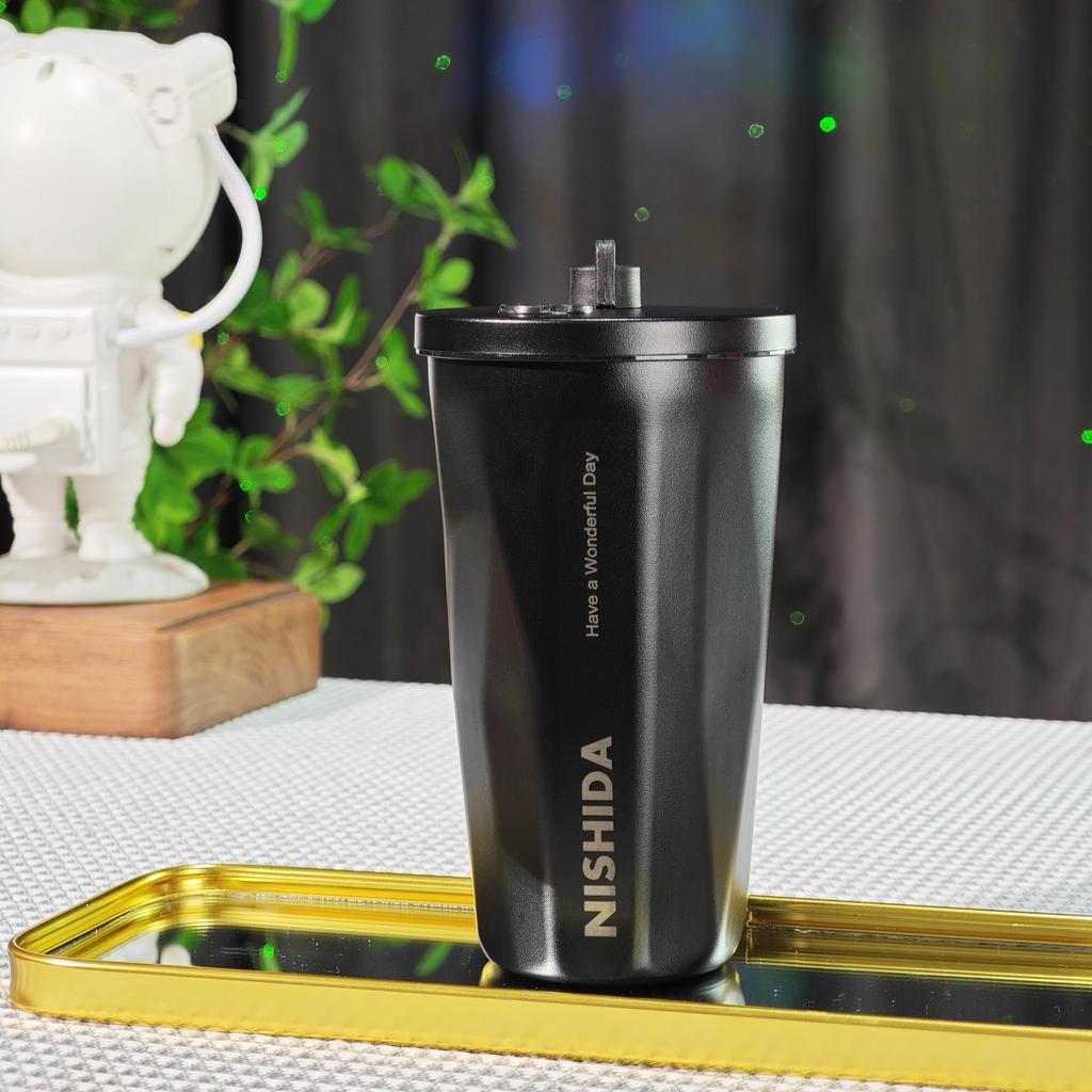 Стакан Nishida Straw из нержавеющей стали с силиконовой соломинкой, вакуумный, 600 мл, с двойными стенками, для холодных напитков, с крышкой, стильный, для офиса, стальной, для улицы, компактный, в форме стика