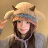 Милая плюшевая вязаная шапка с ушками ягненка, теплая зимняя шапка для девочек, удобная шапочка с роговым узором для женщин