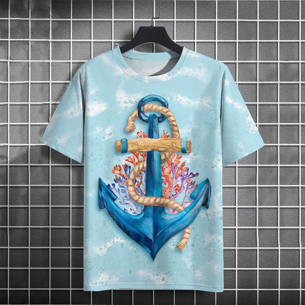 Мужская футболка в стиле ретро с 3d принтом «Якорь лодки» Футболки с короткими рукавами Топы с морским принтом Свободная футболка большого размера с коротким рукавом для мужчин