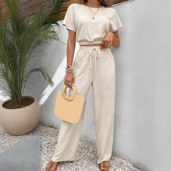 Комплект из 2 предметов: топы и брюки, О-образный вырез, короткий рукав, эластичный подол, повседневный свободный крой, однотонный, с высокой талией, длинные брюки
