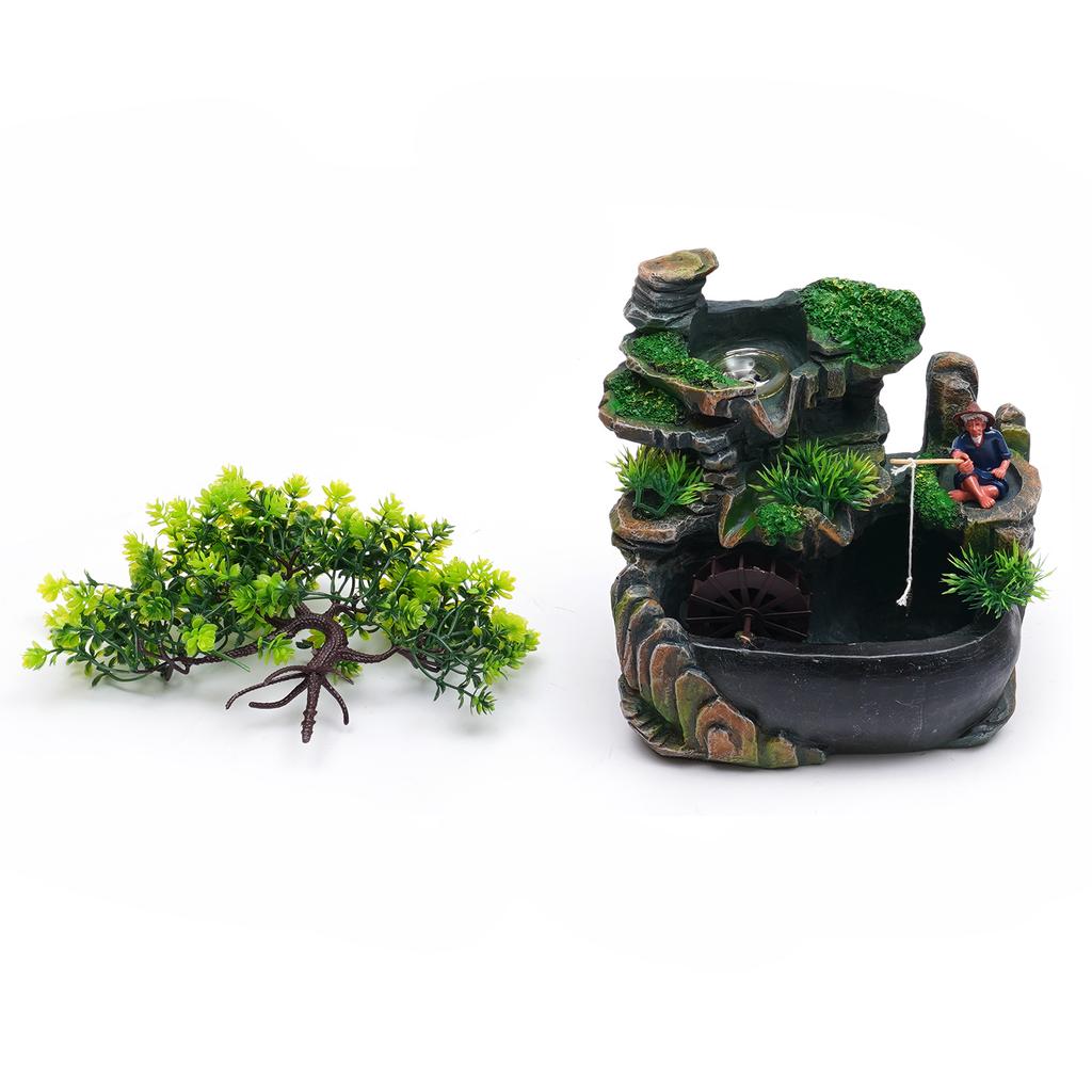 No Fog + Fishing Old Man Mini Mountain Fountain, Resin Zen Tabletop Waterfall Decor with Hidden Wiring, Stable Solid Base