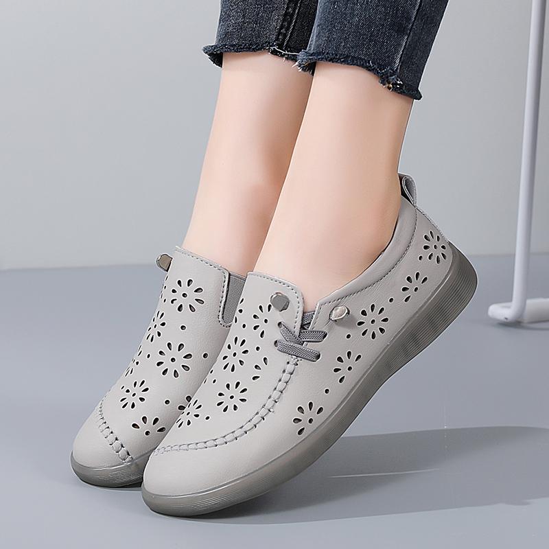 35-41 Women's Large Breathable Fashion Flat Leather Shoes with Hollow Out Shoes White Shoes Lefu Shoes
