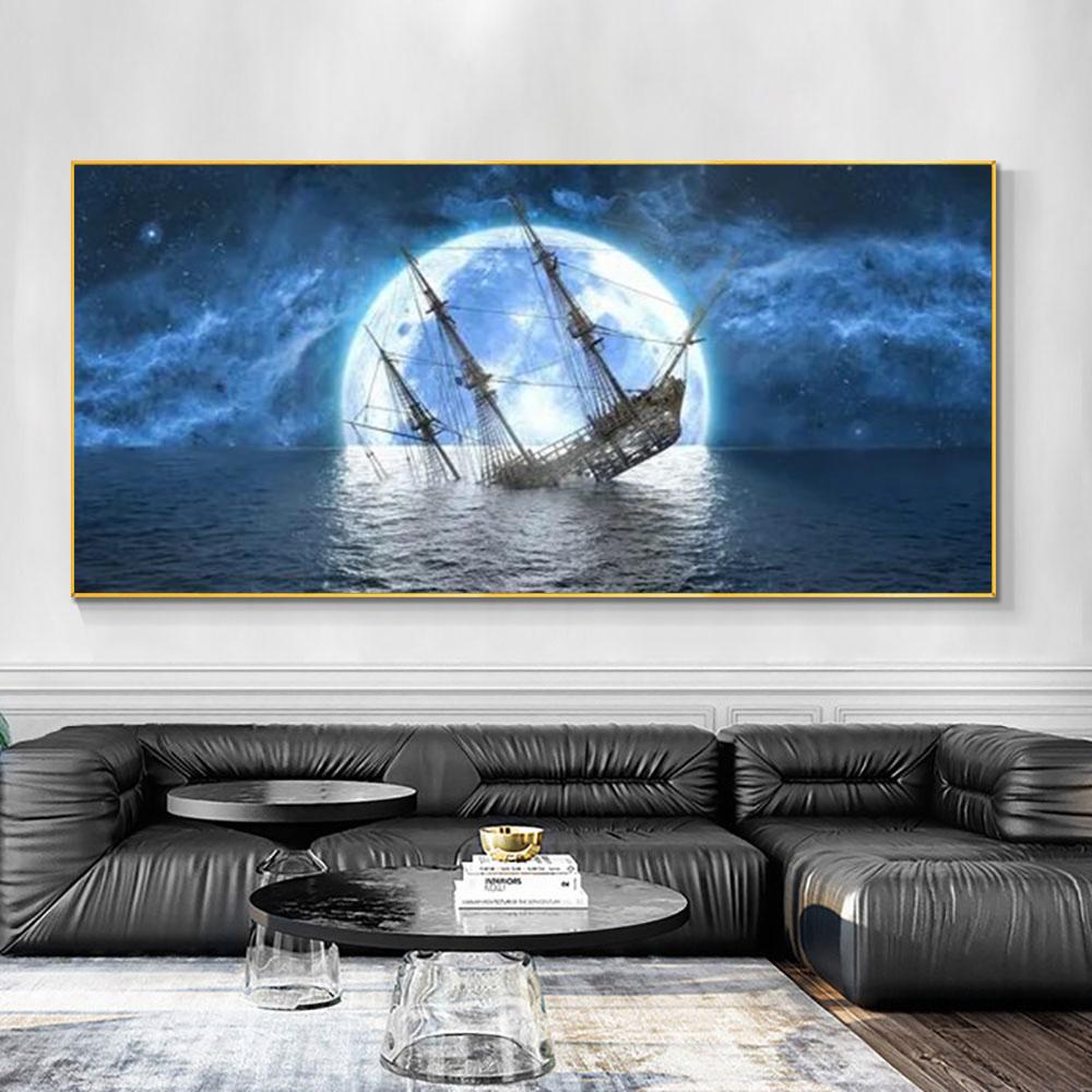 Пейзаж Луна и красивое небо Корабль в море Холст Картина Плакаты и принты Настенная картина Гостиная Домашний декор без рамки