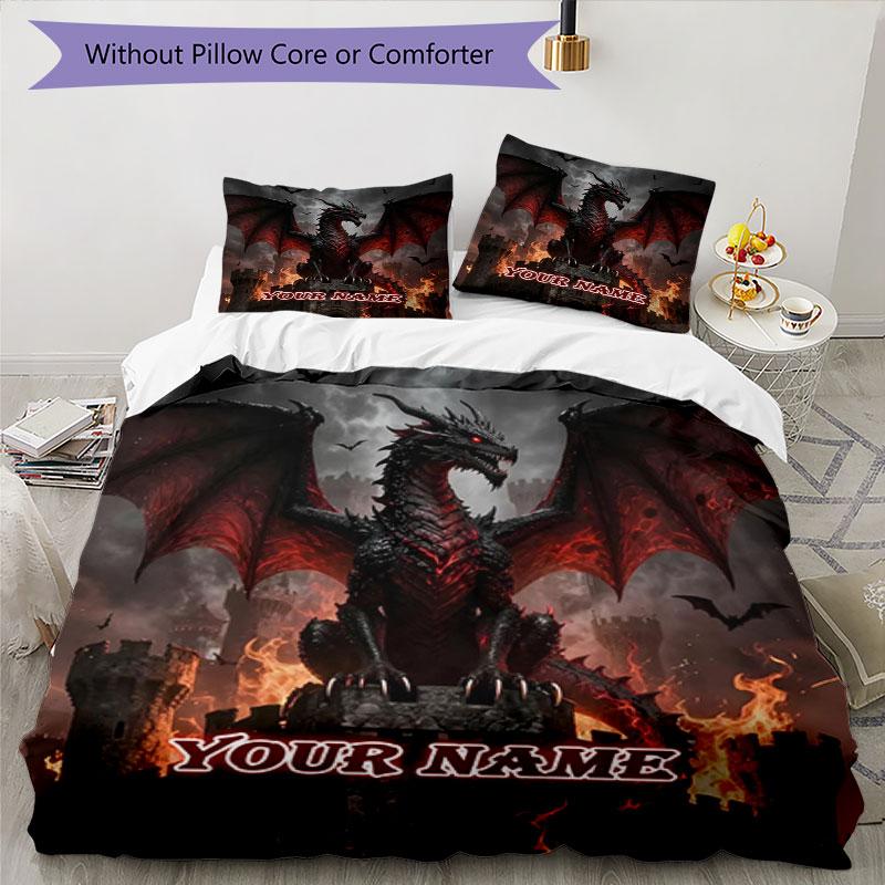 3PC Custom Name "Dragon Castle Fantasy Art" Bedding Set Printed Bedding Set Duvet Cover Closure Includes 1 Duvet Cover & 2 Pillowcases for All Seasons