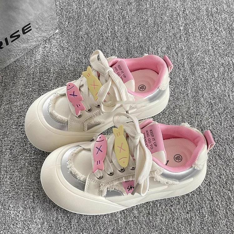 Fashion Korean-style 2025 Spring Women's Dopamine Bow Platform Sneakers - Chunky White Bread Shoes Cute & Versatile Thick-Sole Summer