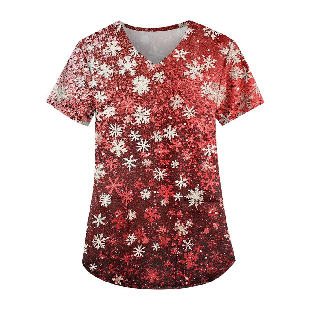 Women's Fashion V-Neck Short Sleeve Workwear With Pocket Christmas Printed Top