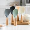 1pc Silicone Rice Serving Spoons with Wooden Handle Heat Resistant Rice Spoon Nonstick Standing Rice Ladle Scooper
