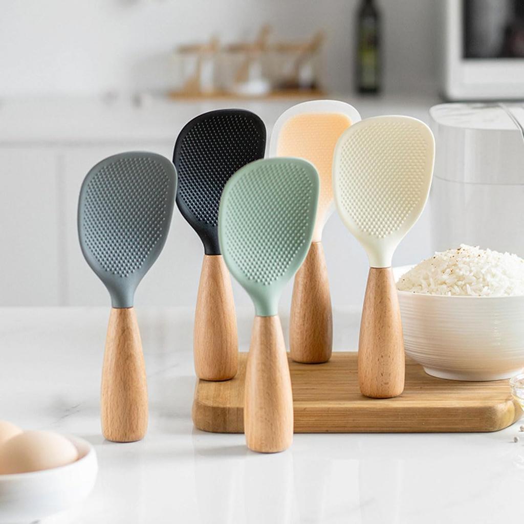 1pc Silicone Rice Serving Spoons with Wooden Handle Heat Resistant Rice Spoon Nonstick Standing Rice Ladle Scooper