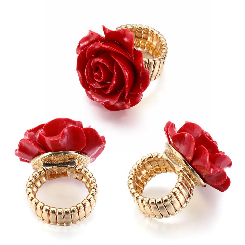 Women Adjustable Flower Floral Wedding Party Rose Ring Carved Statement Resin