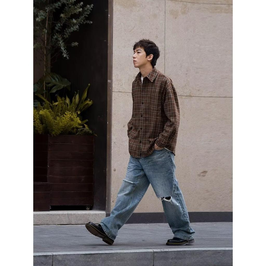 Американская повседневная коричневая клетчатая рубашка, пальто для мальчиков и девочек, блузка в студенческом стиле, простая свободная ретро-блузка с длинными рукавами