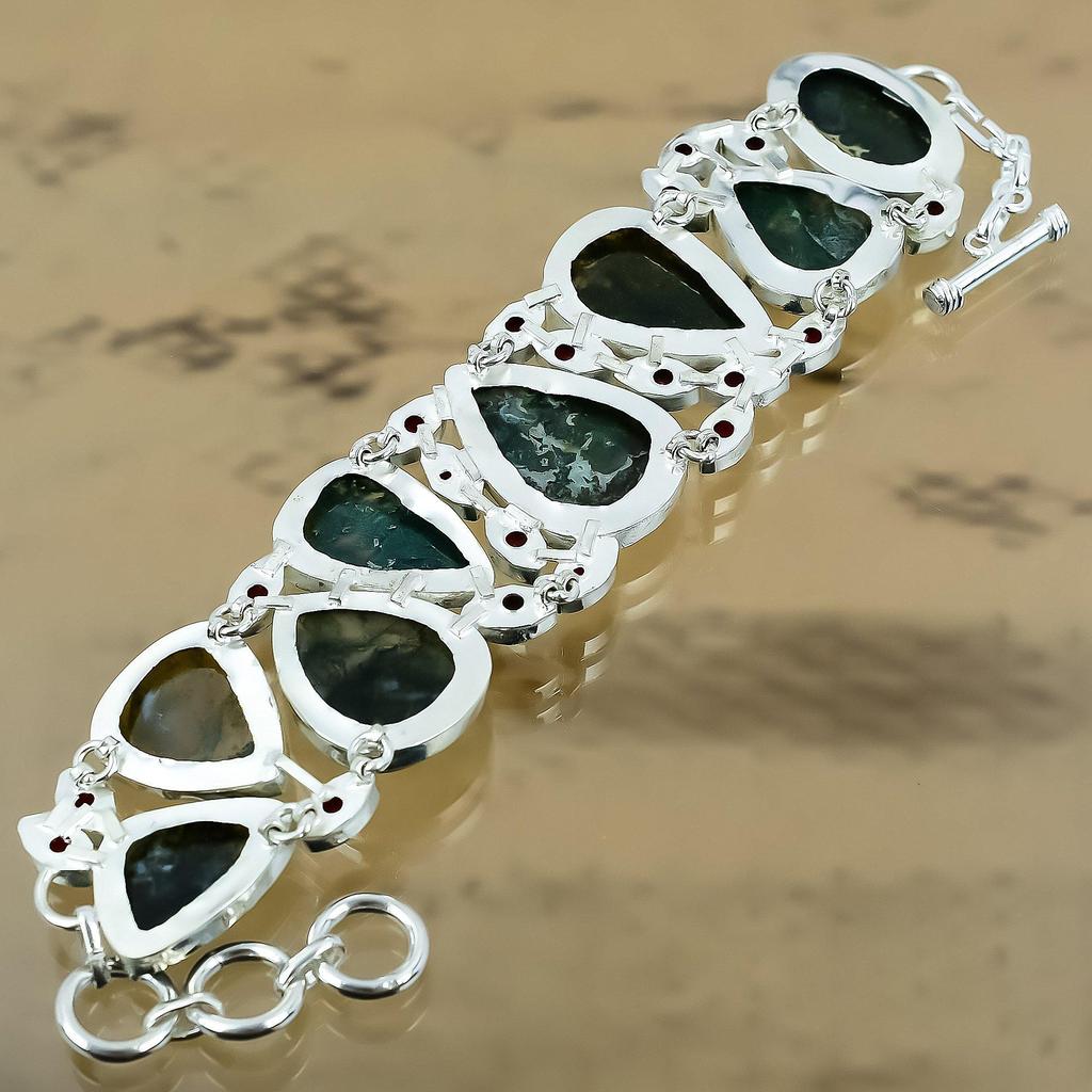 Natural Solar Moss Agate Gemstone 925 Silver Chain Adjustable Bracelet For Girls