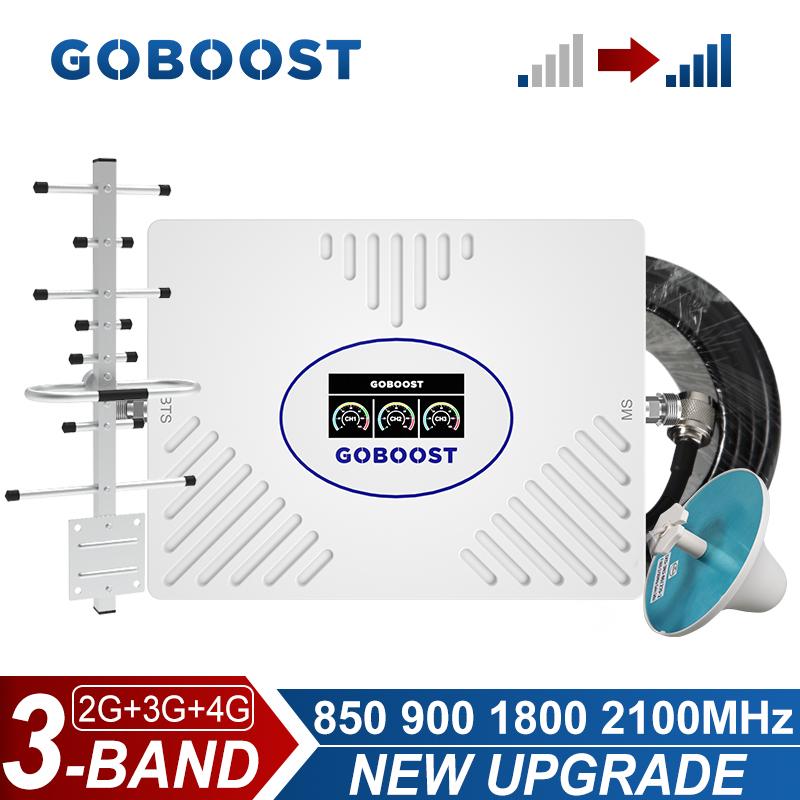 GOBOOST Новый модернизированный трехдиапазонный усилитель сигнала с высоким коэффициентом усиления 70 дБ 2G + 3G + 4G Усилитель сотовой связи 850 900 1800 2100 МГц Ретранслятор мобильной сети с комплектом антенны