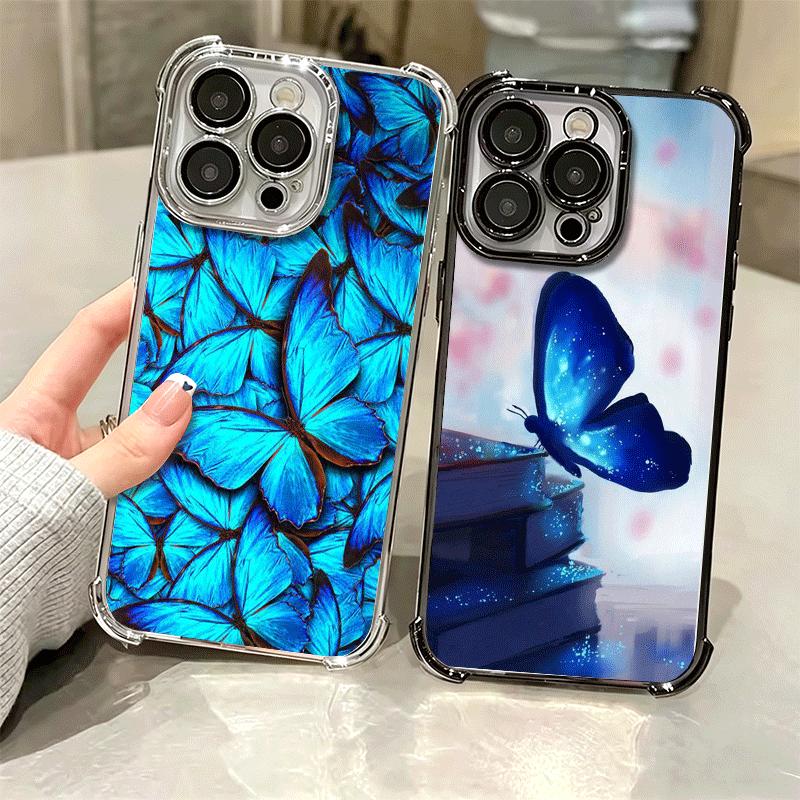 Blue Butterfly Aesthetics Plating Phone Case For Iphone 16 17 Pro Max Air 16E 14 15 Plus 12 13 Mini Anti-Fall Airabag Cover