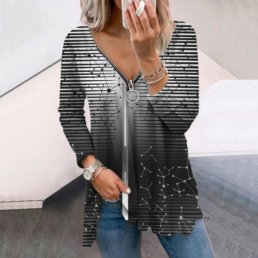 Women Autumn Line Atom Printed Long Sleeve T-Shirts Loose V-Neck Plus Size Tee Shirt Tops Comfy Blouse
