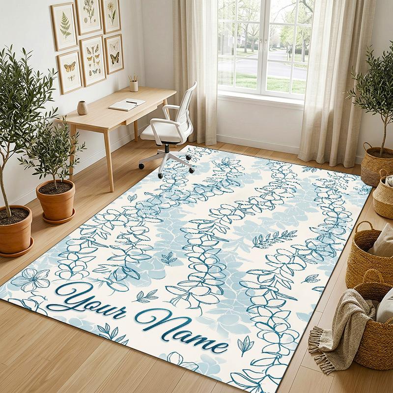 Floral Garden Theme Crystal Velvet Rug Personalized Custom Name Text Soft Floor Mat Home Decor