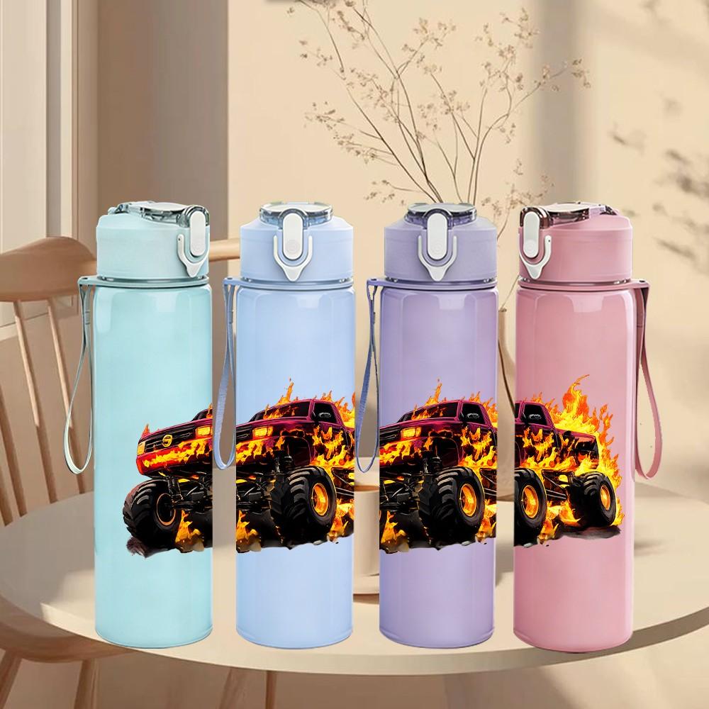 1PC Burning Fire Monster Truck Print 750ml Color Plastic Sports Water Bottle Leakproof Flip Straw Lid Suitable for Sports Office Home Use