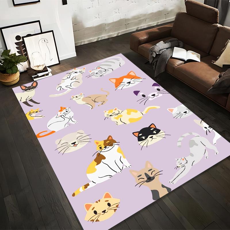 Cute Cartoon Cat Pattern Carpet with Colorful Cats on a Purple Background Design Suitable for use as an anti-slip for room and bedroom sofas