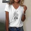 Простая графическая печать свободного покроя женская трендовая одежда новая женская футболка модная рубашка с коротким рукавом женская блузка с V-образным вырезом 2025