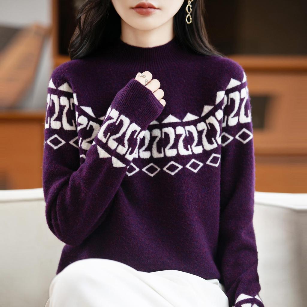 Женский винтажный свитер Fair Isle 100% шерсть мериноса с высоким воротником - Свободный, модный, с цветовыми блоками, вязаный