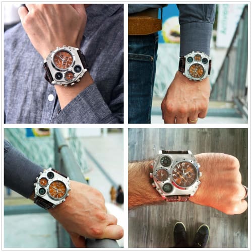 Avaner Men's Military Quartz Wristwatch with PU Leather Strap, Big Face, Two Time Zones, Analog Display, Compass, Thermometer, and Decorative Dial, Br