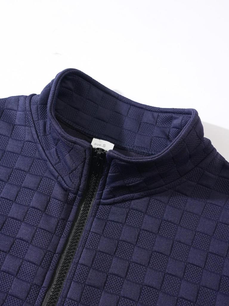 Европейский и американский мужской стеганый вязаный пуловер: Повседневная худи на молнии с воротником-стойкой, вафельной клеткой и жаккардовым узором