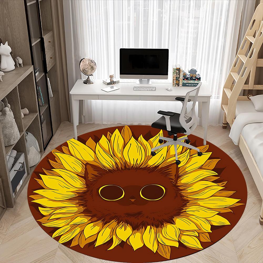 1pc Sunflower Cat Office Round Area Rug, Mat Suitable For Office, Under Office Chairs Bedroom Living Room Home Decor, Room Deco