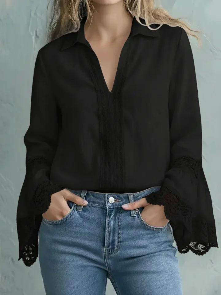 Женская рубашка-свитер из хлопка и льна с кружевной отделкой - Элегантный однотонный дизайн