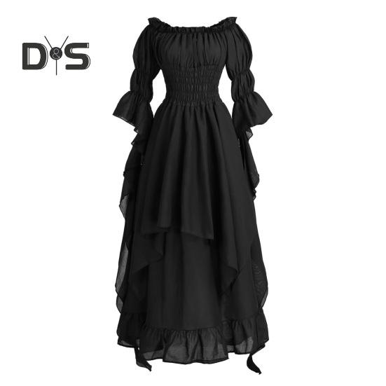 Women Ball Gown Off Shoulder Gothic Long Horn Sleeves Irregular Layered Pleated Elastic Tight Waist Solid Color Retro Renaissance Party Prom Maxi