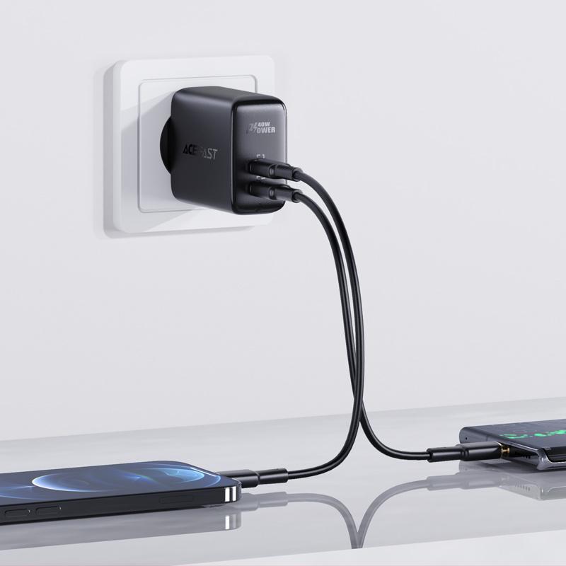 Зарядное устройство Acefast Dual USB-C 40 Вт, PPS, PD 3.0, совместимо с быстрой зарядкой, черное (Модель А9)