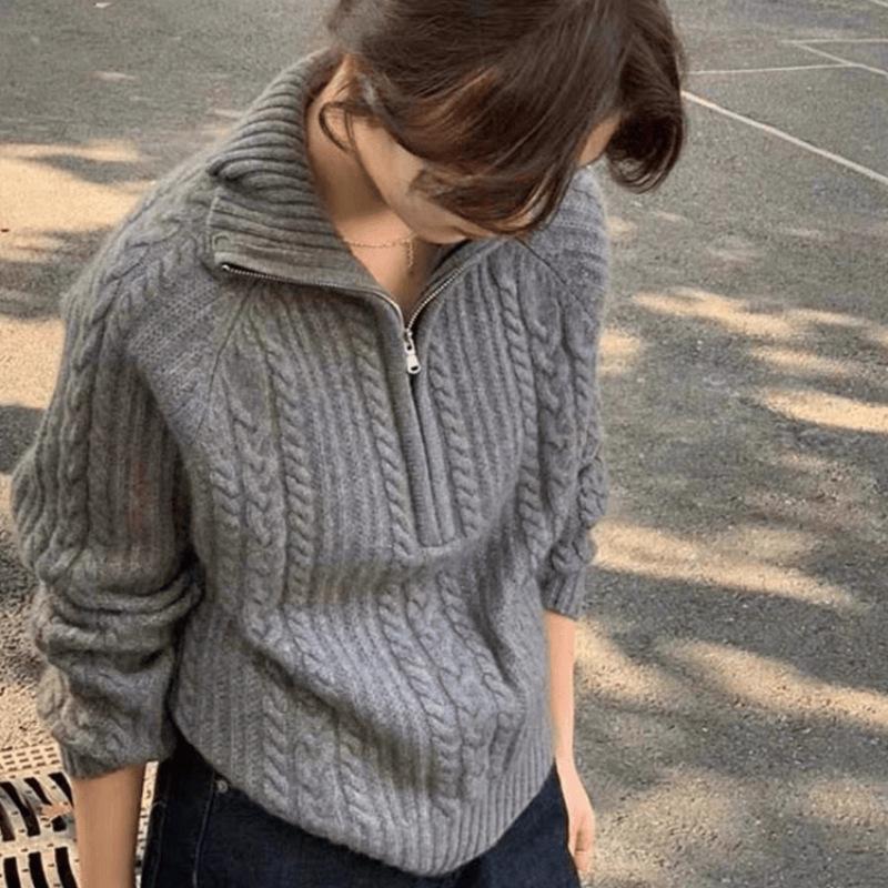 Women's High Collar Retro Wool Sweater - Heavy Cable Knit Half-Zip for Autumn/Winter Warmth