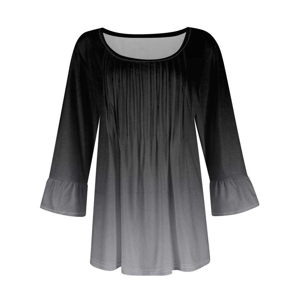 Women's 3/4 Bell Sleeve Tops O-Neck Summer Pleated Shirts Trendy Dressy Casual Loose Fit Tunic Blouses