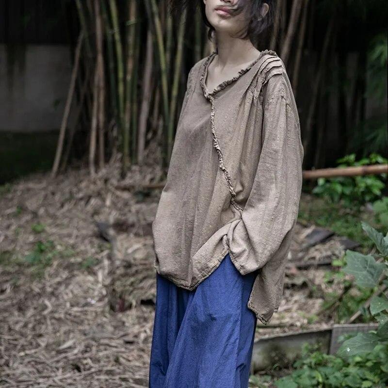 Johnature Women Vintage Patchwork V-Neck T-Shirts Long Sleeve Solid Color Autumn Tees Loose Cotton Linen Women T-Shirts