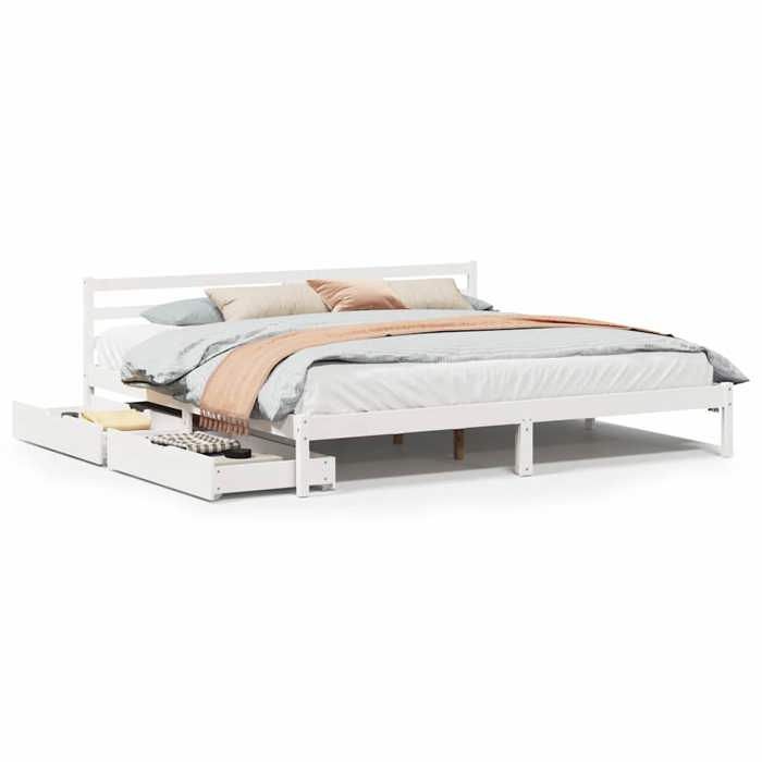 VidaXL Cadre de lit avec tiroirs blanc 200x200 cm bois massif de pin, sommier, cadre de lit double, cadre de lit en bois 3301549