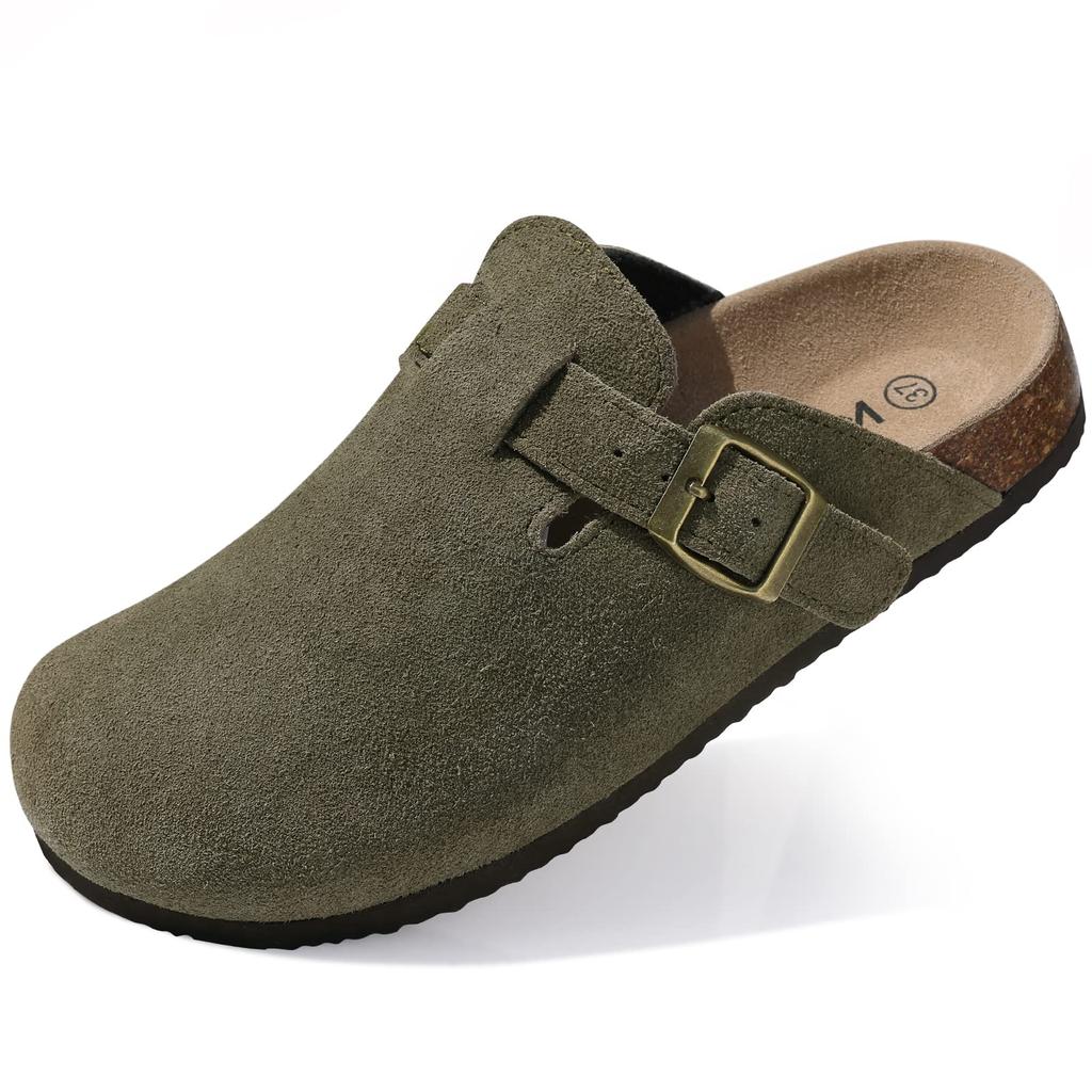 Comwarm Women's Suede Clogs Slippers Men Cork Footbed Leather Mules With Arch Support Fashion Potato Shoe With Adjustable Buckle