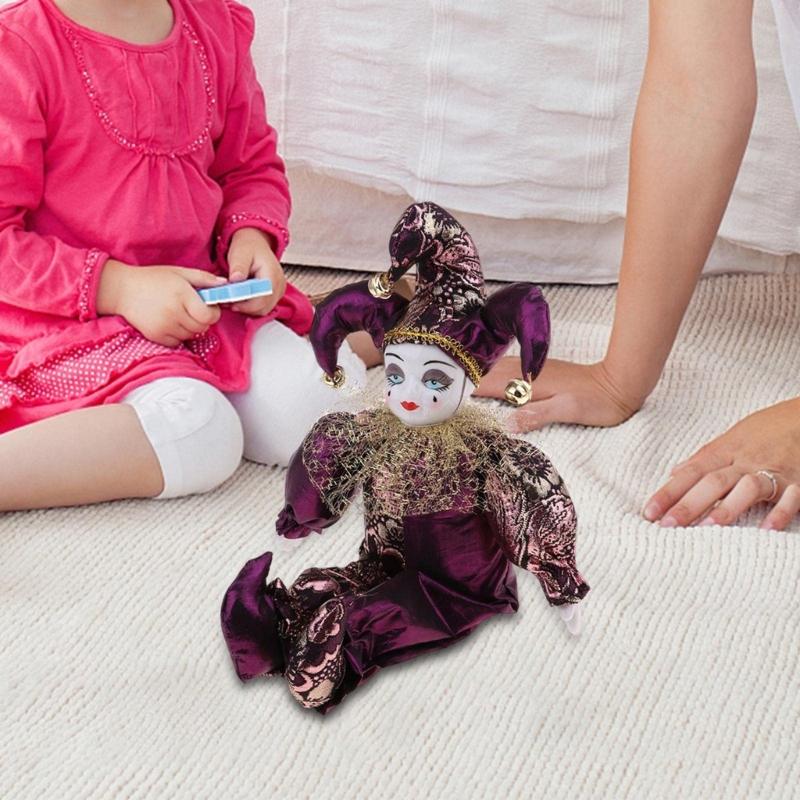 Подвижная конечность Керамическая статуэтка клоуна с тканевым нарядом ручной работы Праздничное украшение Коллекционная фигурка куклы-клоуна