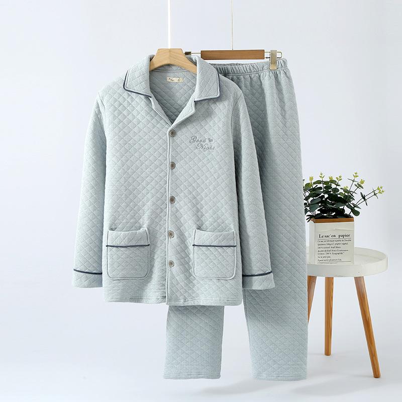 Мужская вышитая стеганая пижама - Трехслойный воздушный хлопок, С длинным рукавом, Теплая, Для осени/зимы