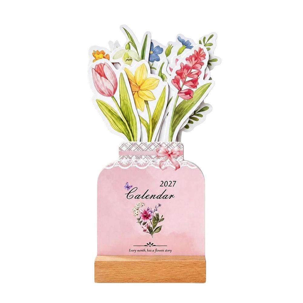 Floral Artwork 2027 Desk Calendar Wooden Base Monthly Desk Calendar Home Office Decorative
