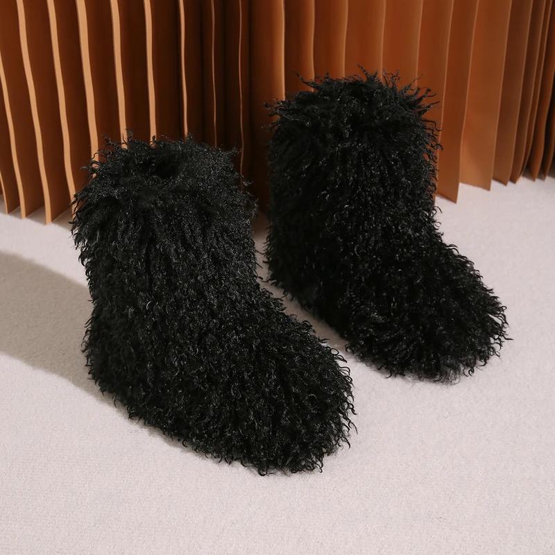 2025 New Winter Furry Shoes Women Teddy Fur Snow Boots Fluffy Faux Wool Plush Warm Fashion Short Boots Ladies Mongolian Boots