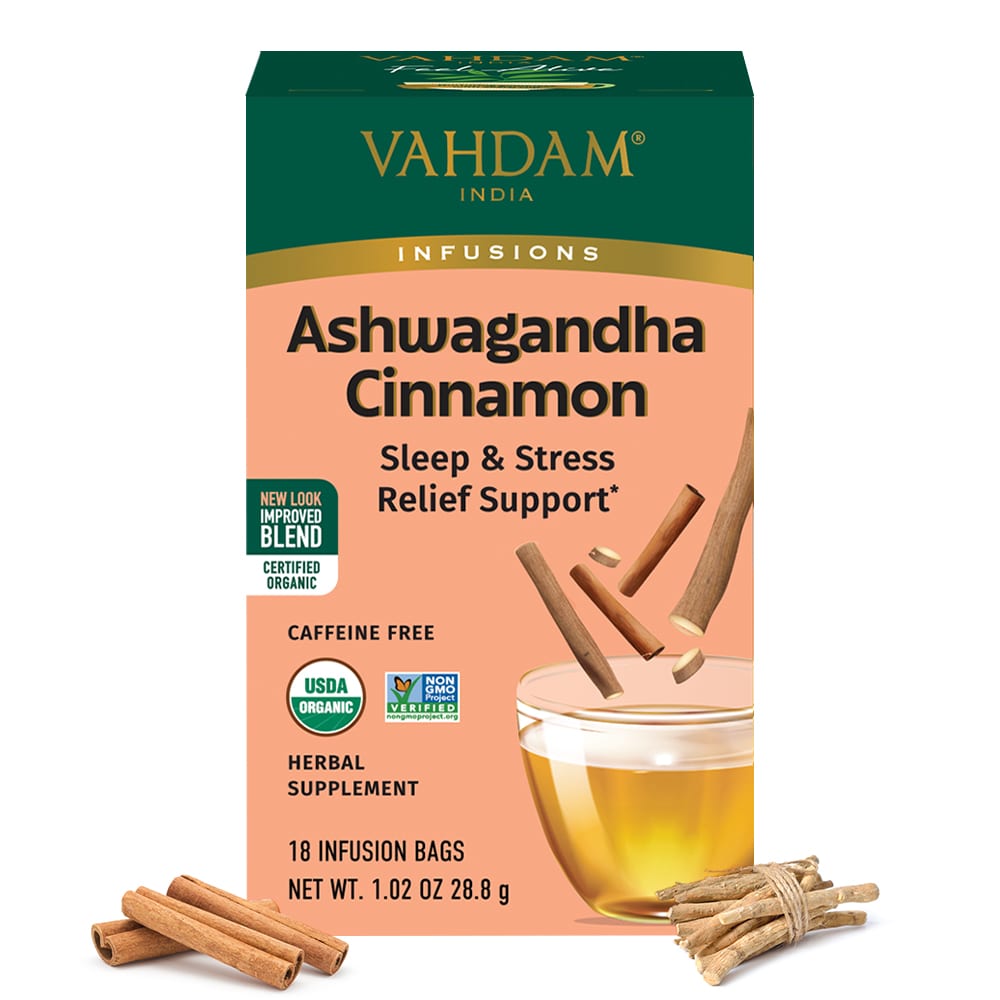 VAHDAM India, Настои, Травяной чай, Ашваганда Корица, Без кофеина, 18 пакетиков для заваривания, 28.8г (1,02 унции)
