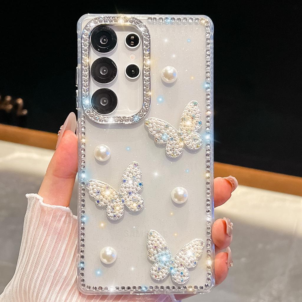Чехол для мобильного телефона Samsung S26Ultra с блестками, жемчугом и бабочкой, блестящий алмазный чехол S25FE, роскошный чехол A57