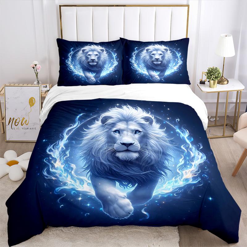 3pcs Blue Flame Majesty Lion Bedding Set - 1 Soft Quilt Cover + 2 Pillowcases, Machine Washable - Suitable for All Seasons, Perfect Gift for Fami