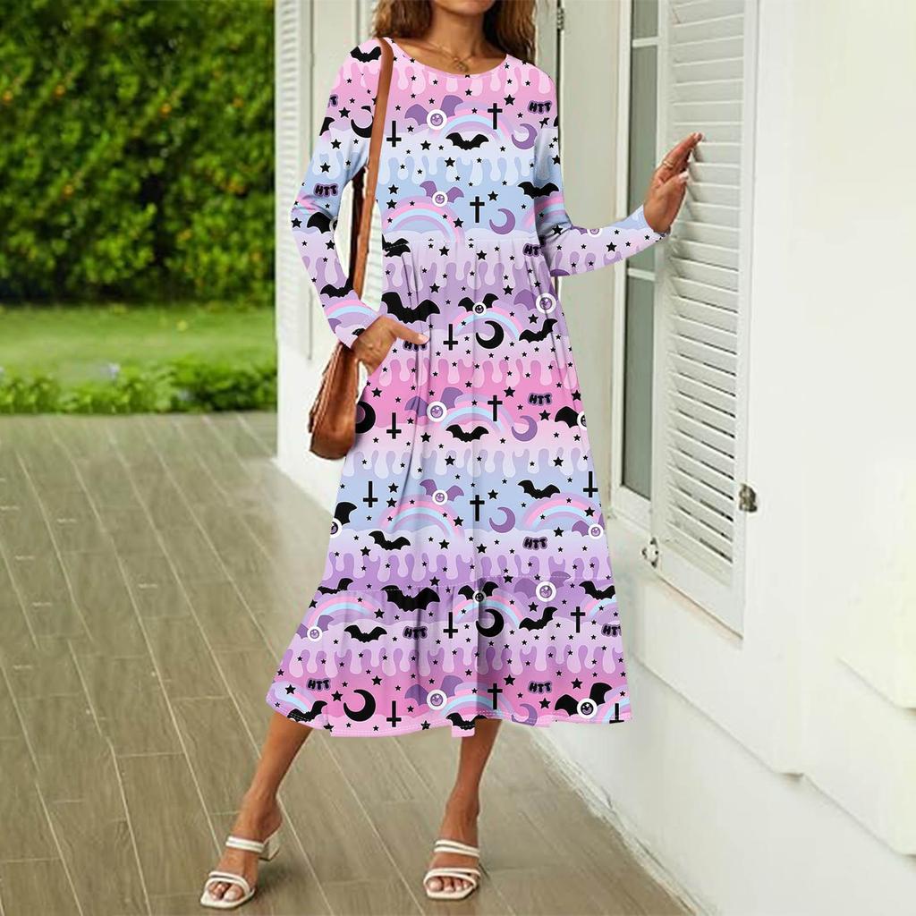 Женское повседневное платье с принтом на Хэллоуин, весна-осень, карман, круглый вырез, длинные рукава, платья