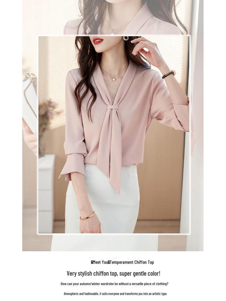 2024 High-End Women's Chiffon Ribbon Blouse - Slimming Long Sleeve, Versatile Spring/Autumn Fashion