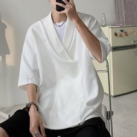 Мужская летняя рубашка с v-образным вырезом, свободная мешковатая однотонная мягкая хип-хоп рубашка с короткими рукавами, мягкий дышащий повседневный пуловер, уличная одежда, топ для стилиста