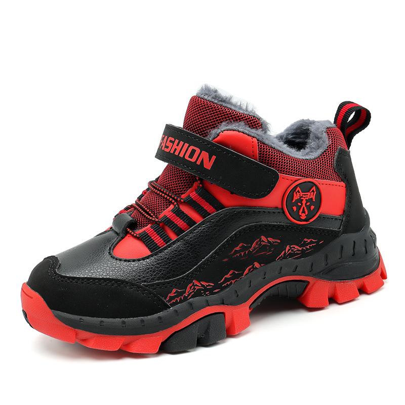 558 Children's Cotton Shoes Hiking Shoes Winter High-top Boys with Velvet To Keep Warm Classmates Leather Cross-country Sports Shoes Older Children